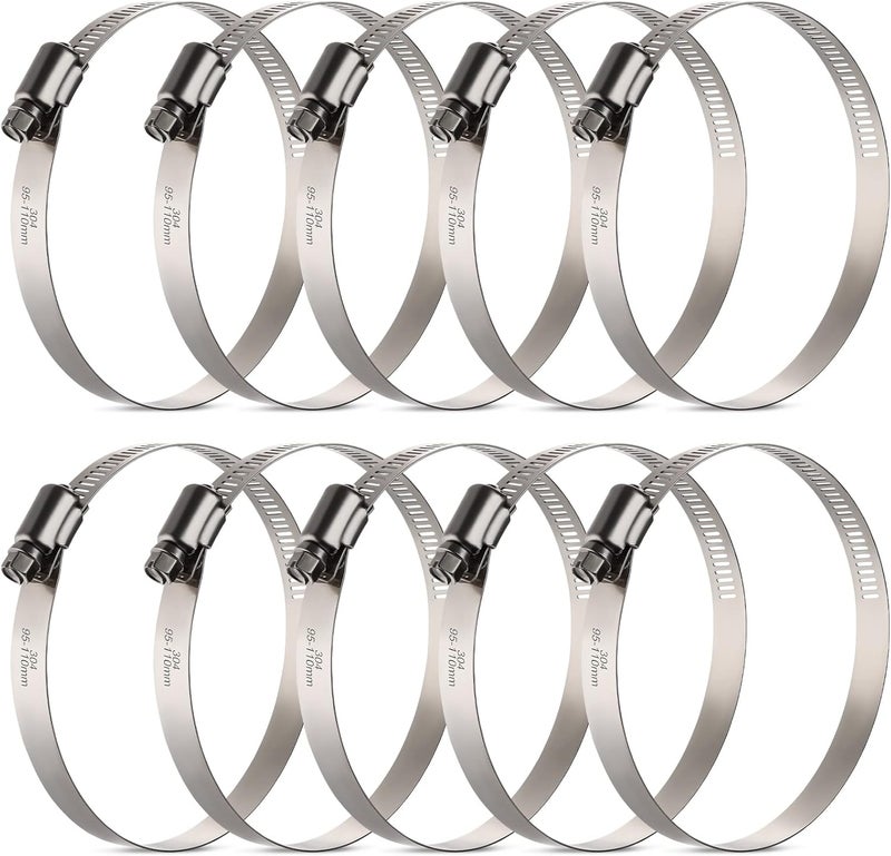 ORU Large Hose Clamps, 10 Pack 4 Inch Stainless Steel Hose Clamps Adjustable from 3-3/4"-4-5/16"/95-110mm, Metal Worm Gear Duct Clamp for Air Ducting, Dryer Vent Hose, Fuel Line, Automotive - Image 1